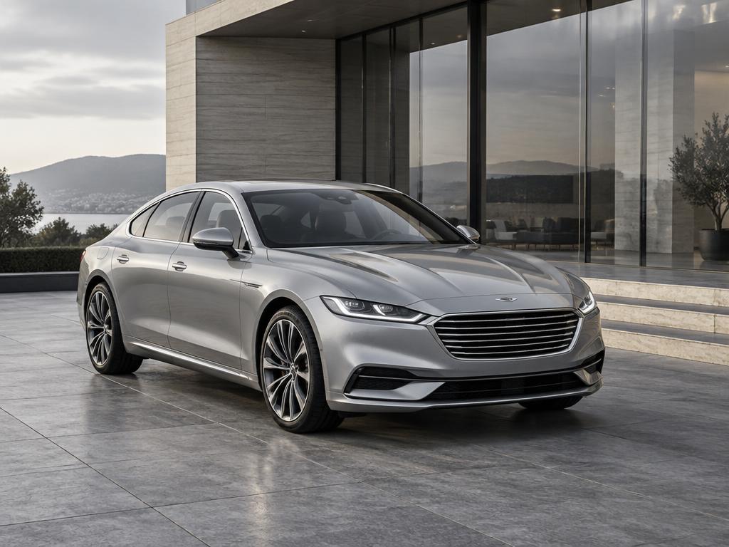 Zilverkleurige luxe sedan bij moderne architectuur