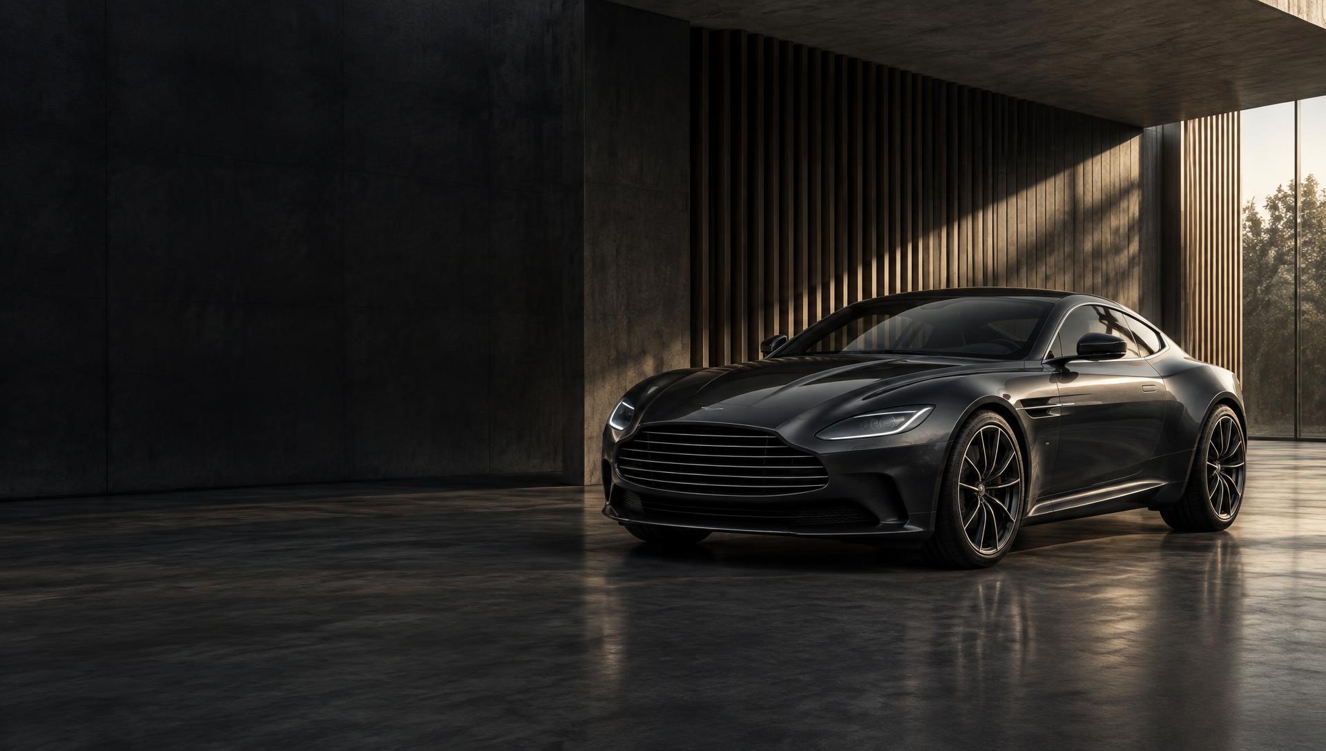 Donkere sportcoupé in een architecturale showroom