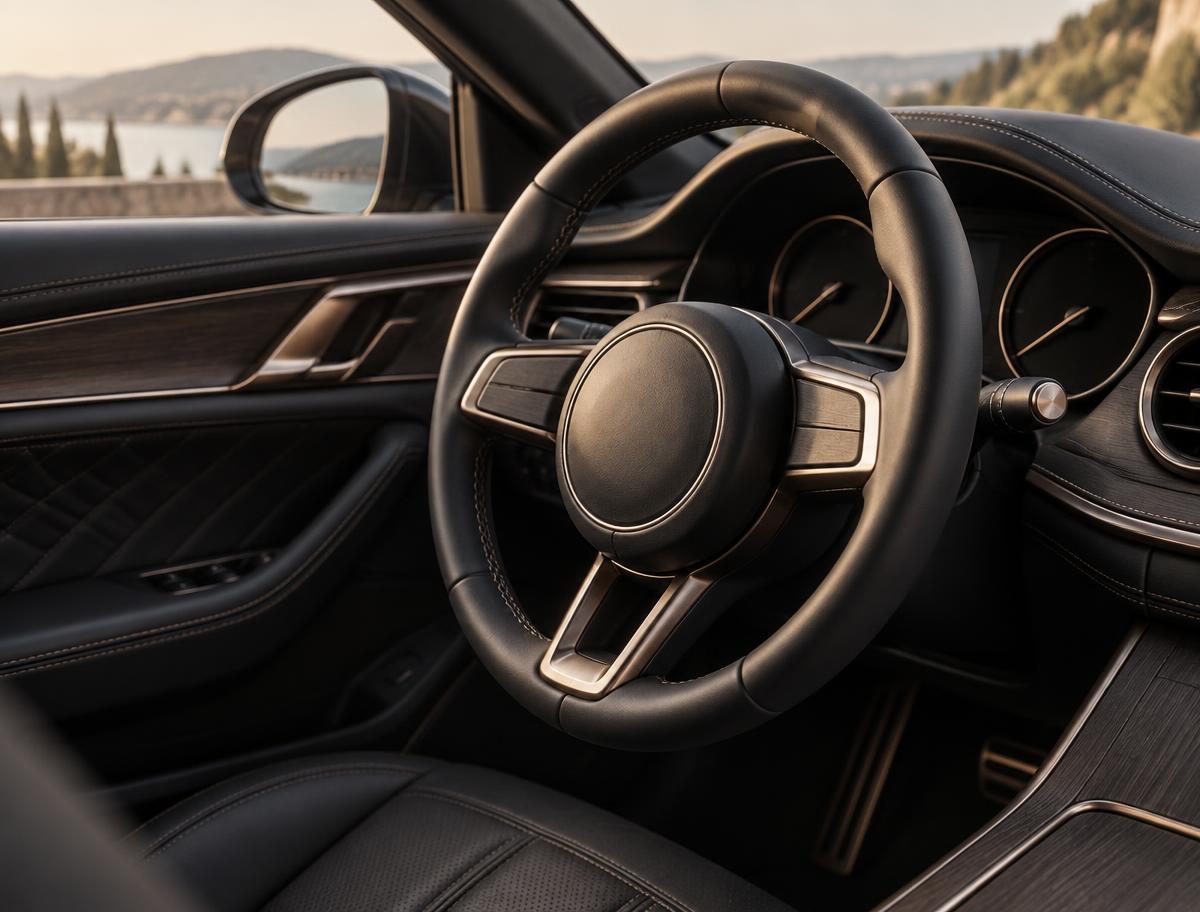 Detail van een verfijnd leren auto-interieur