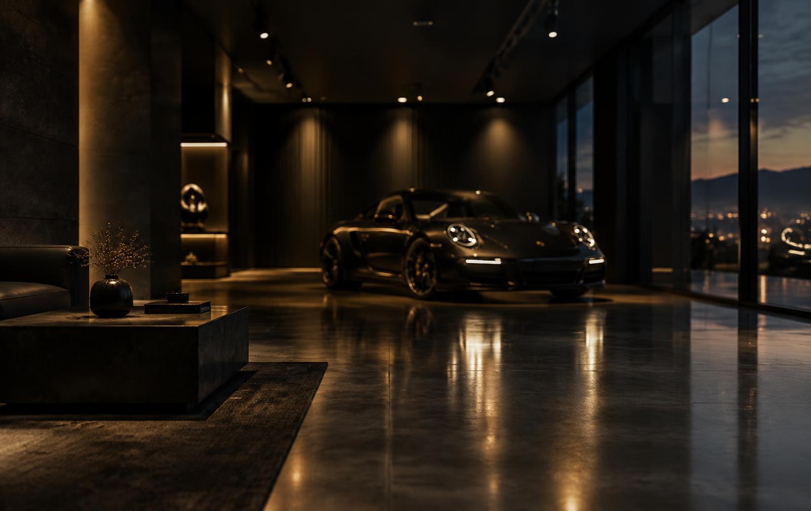 Sfeervolle, minimalistische showroom met een donkere sportwagen onder warme spots